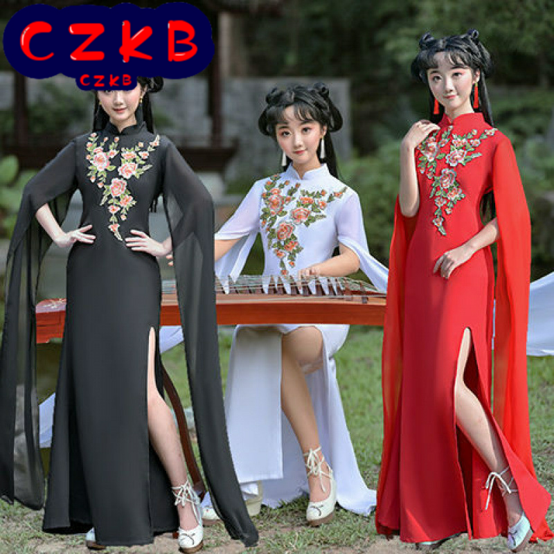 中国风古筝演出服夏季女童旗袍长