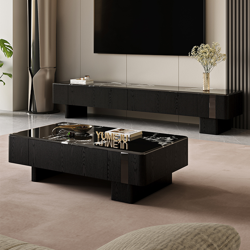 现代简约黑色系高级感方形大理石茶几电视柜组合大小户型地柜茶几