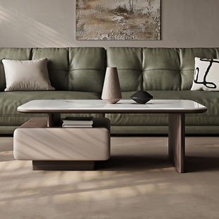 2025新款中古风简约大小户型客厅家用茶几可伸缩带抽屉微晶石台面