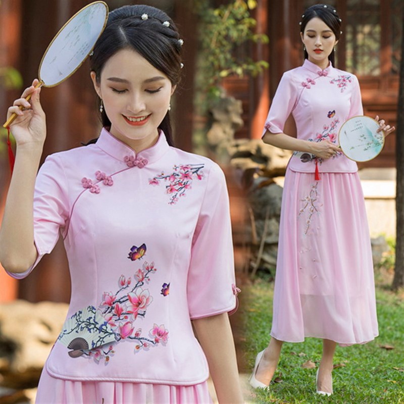 女士旗袍上衣大码唐装古装茶服两件套中国风日常服装中式汉服套装