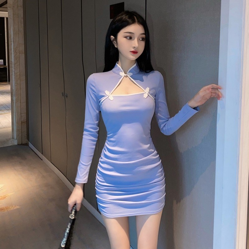 秋冬季新款纯欲风辣妹复古改良性感镂空收腰旗袍长袖包臀连衣裙女