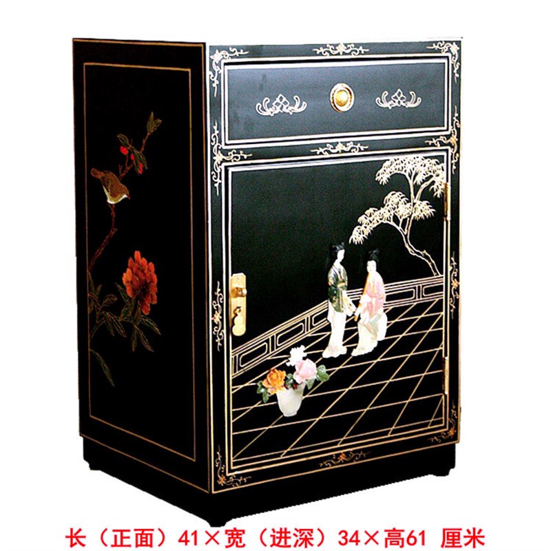 漆艺骨石镶嵌人物单门一抽床头装饰柜扬州漆器实木新中式古典家具