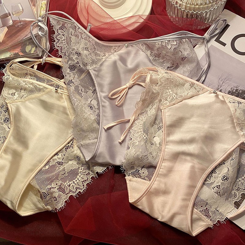 夏日低腰绑带腰边内裤女纯欲风拼接唯美蕾丝裸感无痕棉质裆三角裤