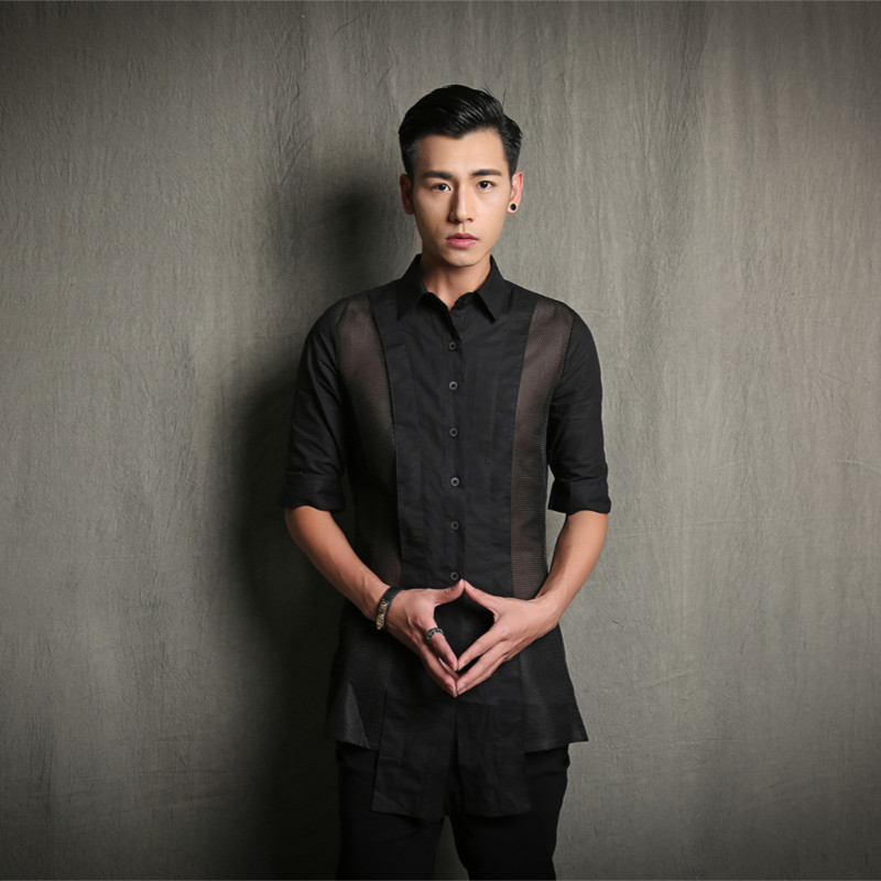 夏季新款潮男修身中袖衬衫韩版透气衬衣青年个性时尚发型师上衣