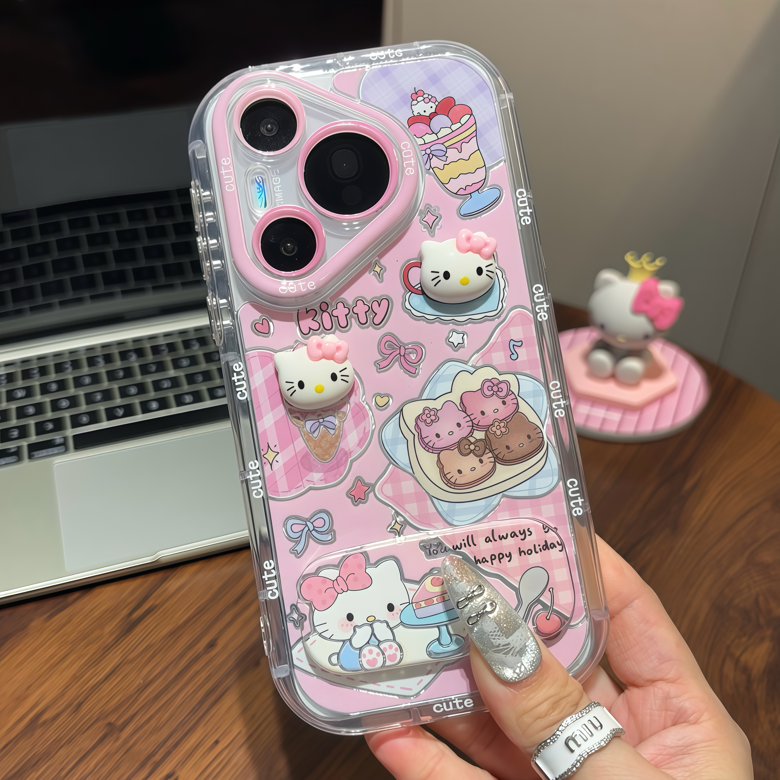 KT猫公仔镜子支架新款适用苹果16Pro手机壳iPhone15max小米14华为mate70pura80k60nova13荣耀x200reno12一加