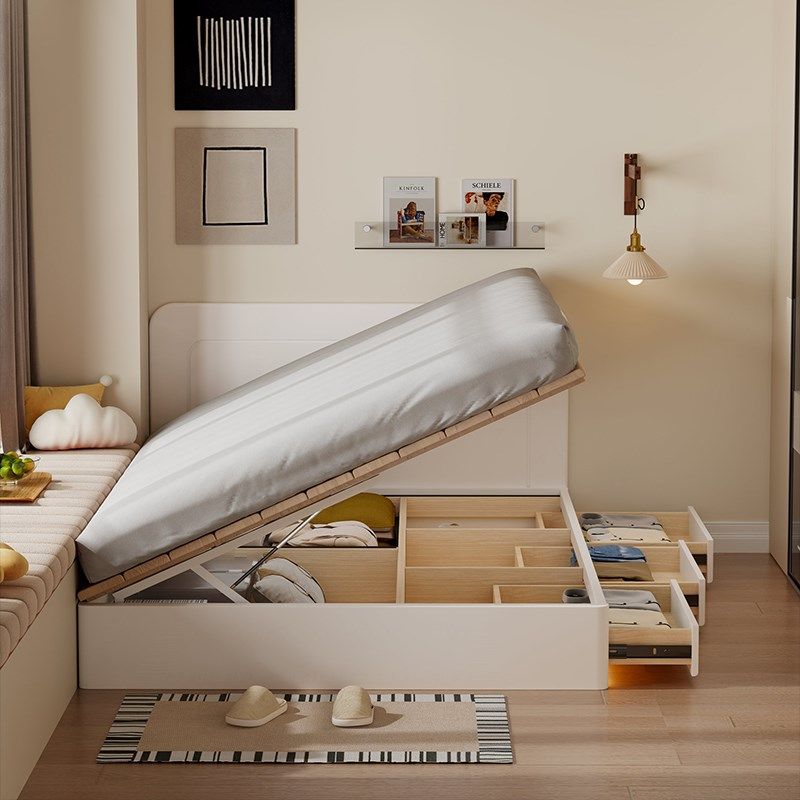 奶油风床储物柜一体小户型小卧室省空间靠墙收纳高箱款地台单人床,住宅家具,板式床,淘宝优惠券,粉丝福利购,淘宝优惠卷