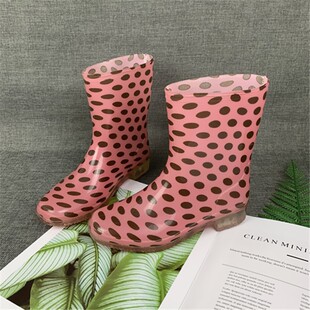 现货时尚波点雨鞋女冬季中u筒透明雨靴防滑套鞋软胶鞋加绒保暖水