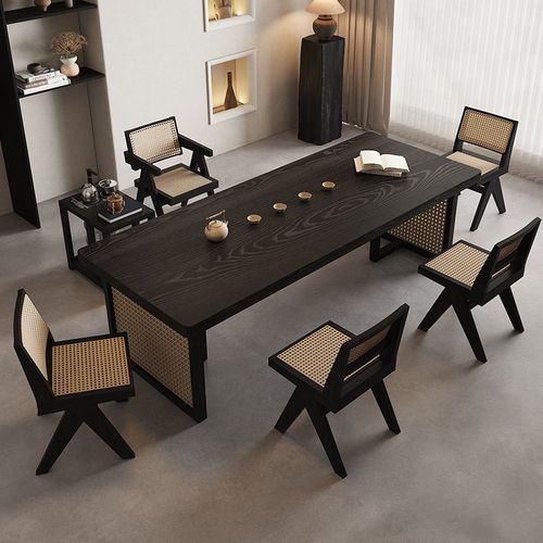 侘寂风实木藤编茶桌椅简约家用小户型茶几黑色实木长方形茶桌茶台