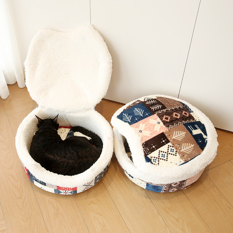 铜锣烧猫窝冬季保暖封闭式圣诞两用猫屋房子深度睡眠可拆洗猫窝