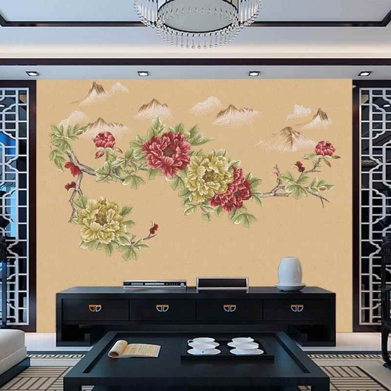 言绣牡丹独绣刺绣墙布壁画刺绣独秀花鸟沙发电视背景墙布卧室