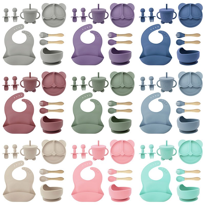 母婴儿童喂养餐具套装学吃饭训练叉勺宝宝餐盘围兜辅食吸盘碗套装