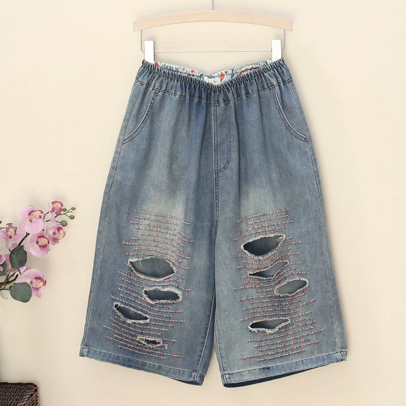潮流破洞过膝六分裤女宽松大码五分裤彩线刺绣洋气薄牛仔阔腿中裤