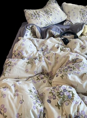 田园风紫色少女心小碎花柔软水洗棉床上四件套全棉被套床单三件套