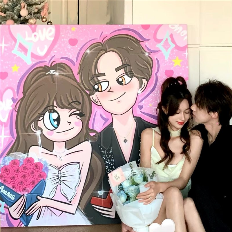 星蝶公主装饰画手绘定制卡通情侣照片打印卧室挂画闺蜜订新婚礼物图片