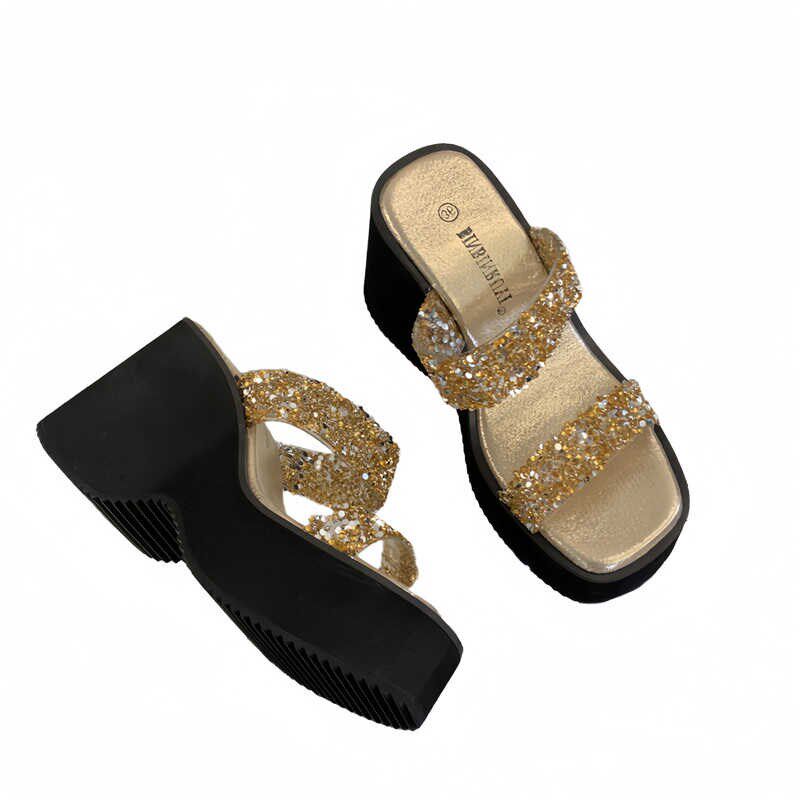 网红坡跟凉拖鞋女10cm超高跟一字带小个子厚底松糕鞋水钻时尚凉鞋