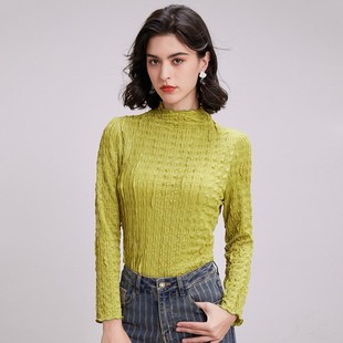 沐兰法式优雅小清新女士T恤秋装新款花纹木耳领打底衫