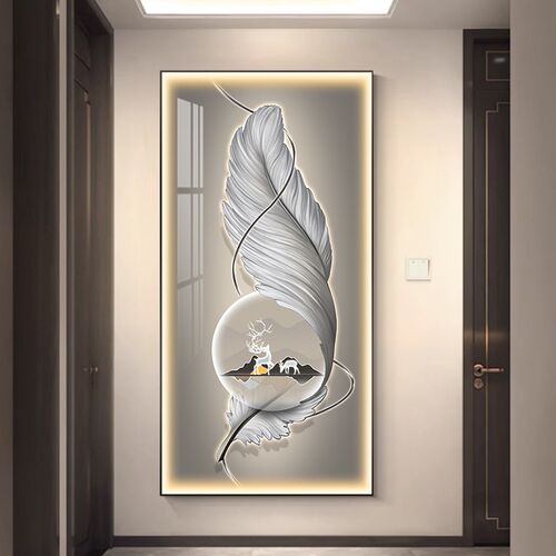 现代简约玄关装饰画蓝色羽毛入户走廊过道背景墙挂画竖版玄幻壁画