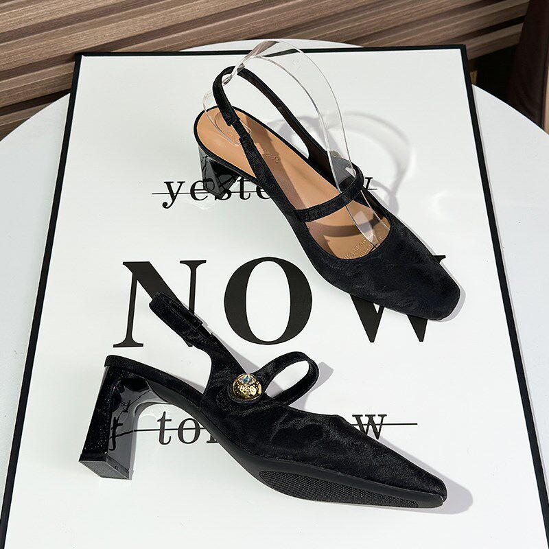 法式日常通勤黑色一字带凉鞋女2025新款粗跟5CM不累脚方头高跟鞋