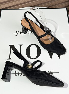 法式日常通勤黑色一字带凉鞋女2025新款粗跟5CM不累脚方头高跟鞋