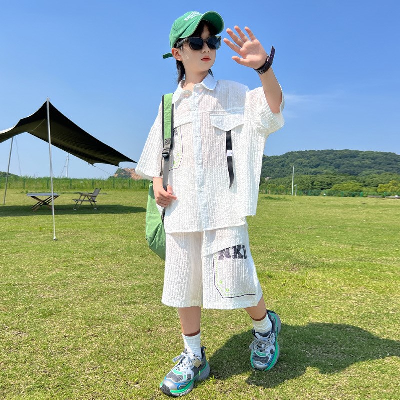 男童白色衬衫套装夏季2025新款潮儿童夏装男孩衬衣两件套帅气时髦
