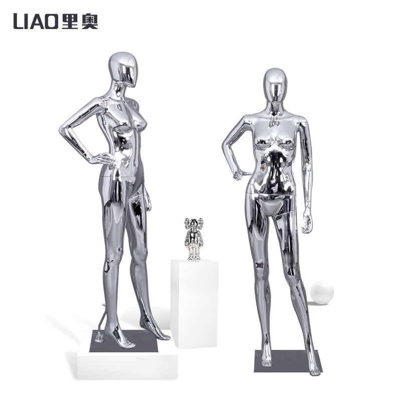 服装店女模特道具展示架全身橱窗人台假人全身电镀银色女人体模型