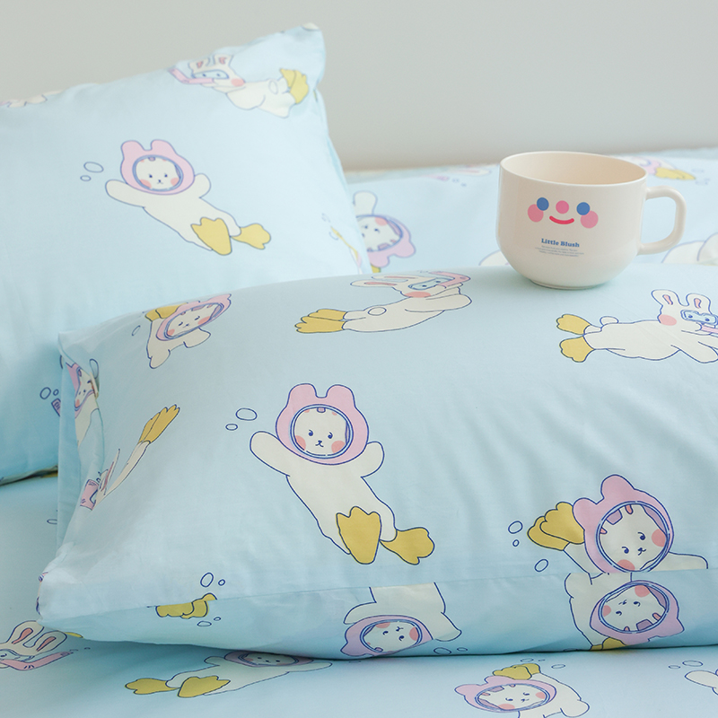 全棉四件套宿舍床上三件套大学生女生蓝色四季可爱小清新床单被套