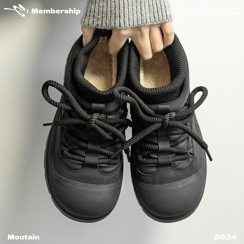 黑色雪地靴女款加绒保暖冬季面包鞋防寒短筒系带厚底防.滑加厚棉