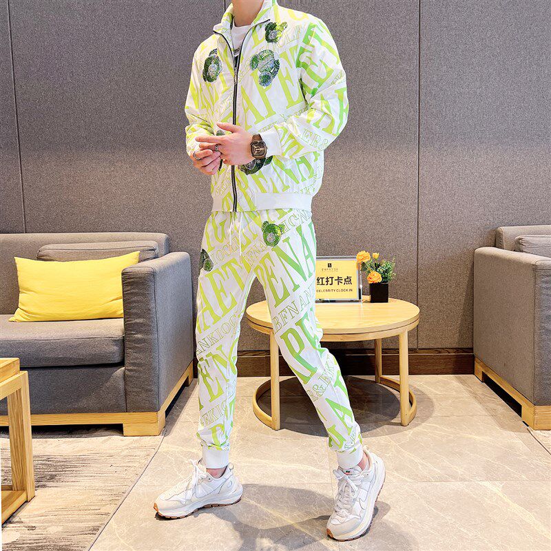 男士休闲套装秋季新款韩版印花潮流开衫两件套男帅气时尚搭配运动