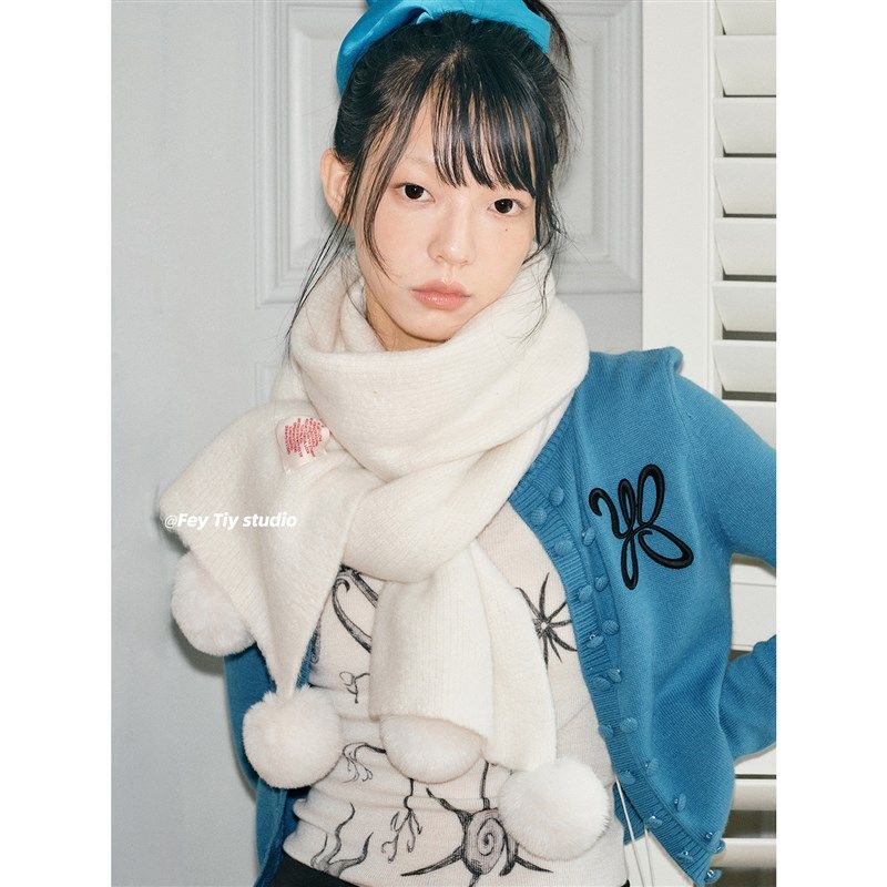 feytiy 定制高级感毛绒球球纯色保暖围巾女 冬季韩版百搭毛线围脖