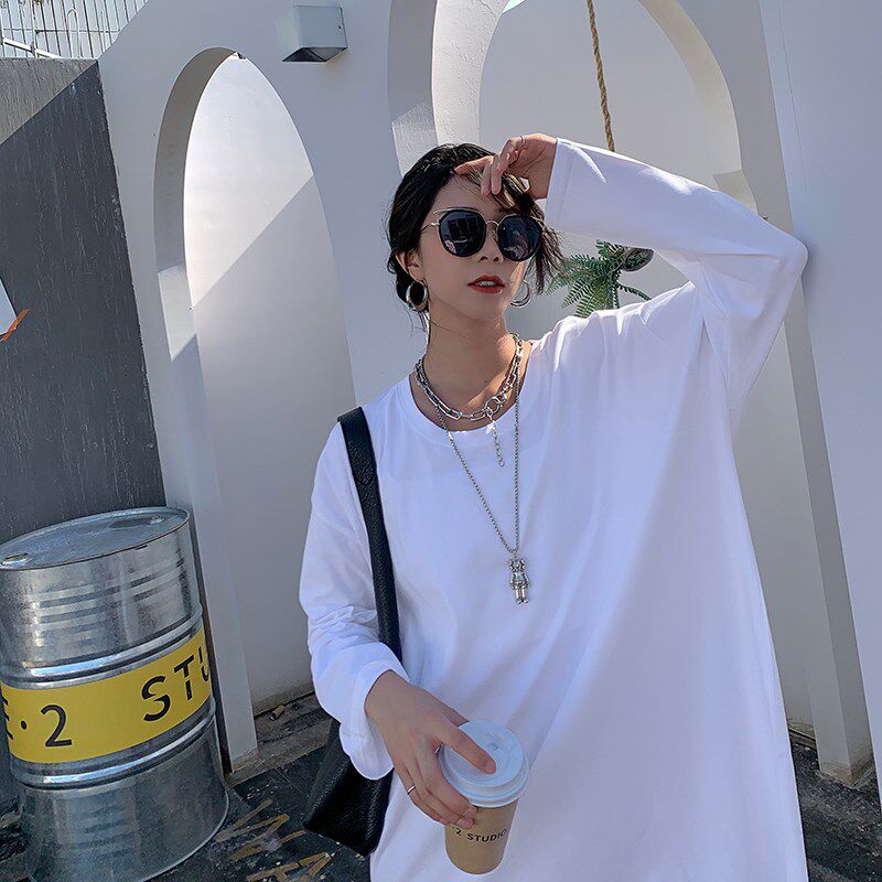 大圆领t恤女长袖2025春秋大码宽松中长款过膝韩版慵懒风打底