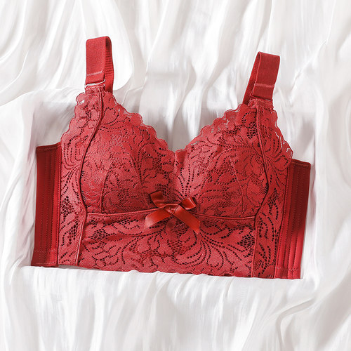 本命年红色内衣女结婚新娘套装胸罩大胸显小收副乳防下垂大码文胸