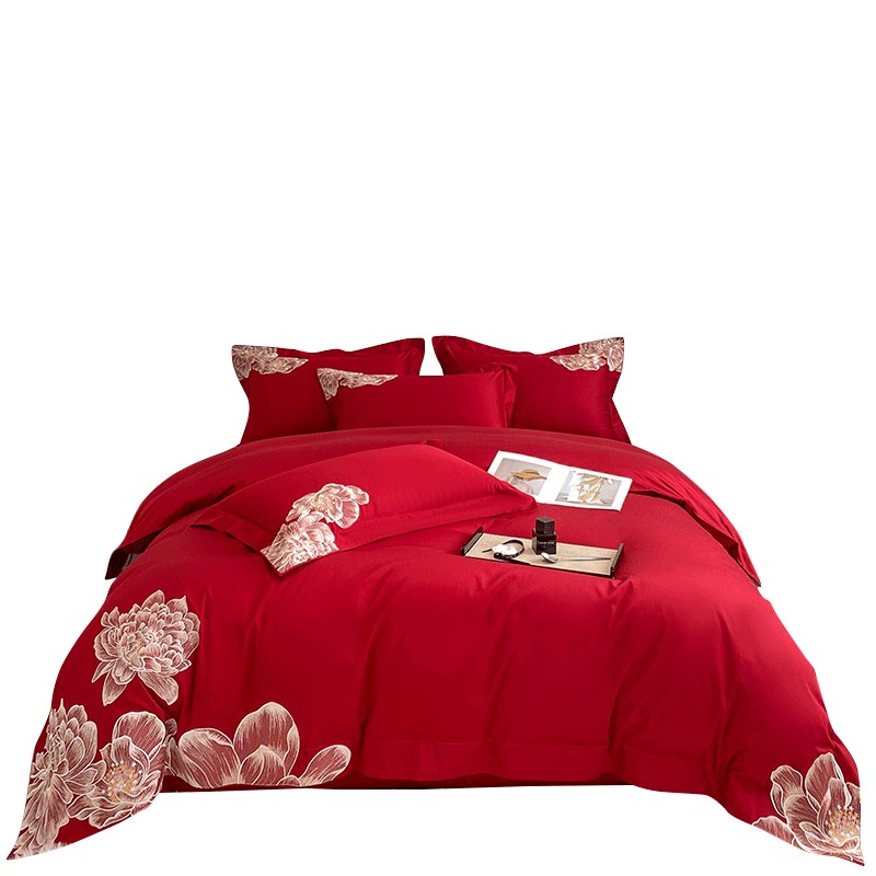 120支长绒棉全棉结婚房喜庆四件套红色刺绣出嫁被套床单床品4