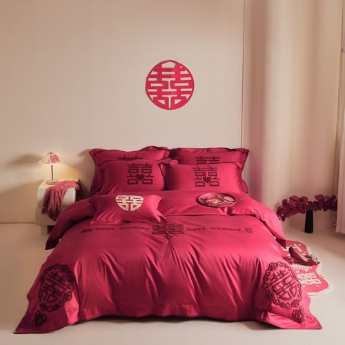 新中式喜字刺绣婚庆四件套红色被套床单喜庆婚嫁结婚床上用品