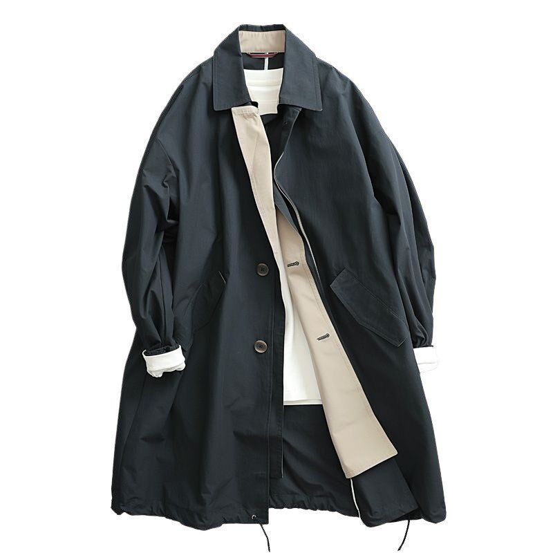 中长款风衣男早秋日系设计款双层领薄款斜纹棉防水涂层单排扣衫潮