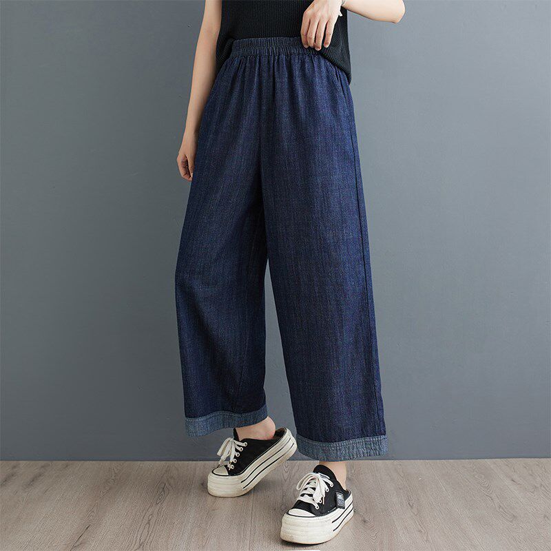 大码松紧腰牛仔阔腿裤女2024年夏季薄款显瘦小个子卷边直筒九分裤