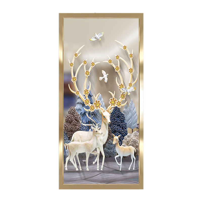 新中式麋鹿彩绘艺术玻璃屏风隔断背景墙酒柜磨砂透光双面入户玄关
