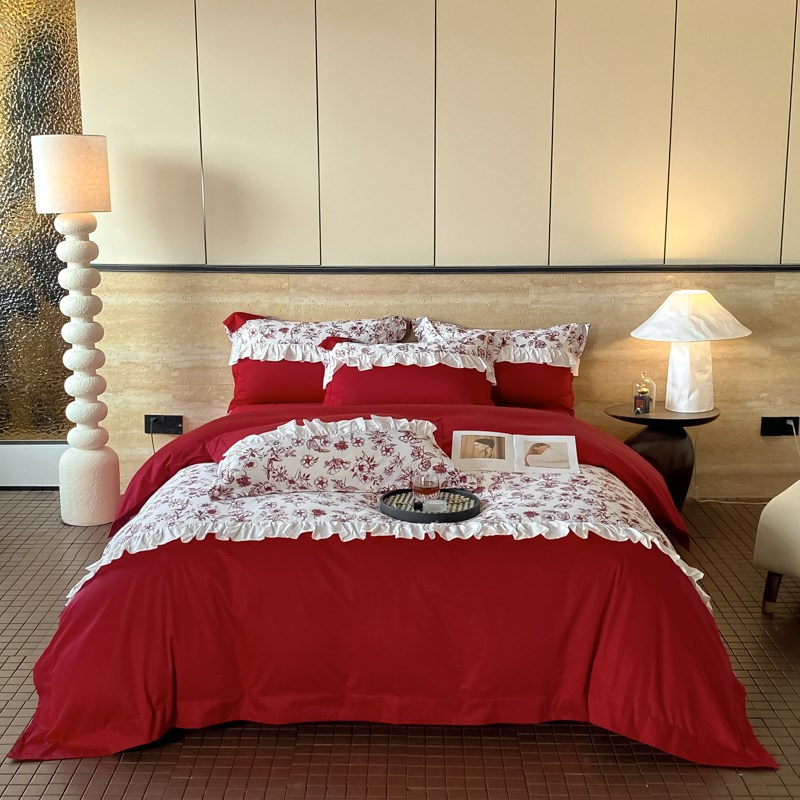 160支婚嫁长绒棉四件套红色新婚庆花边床品喜被结婚床单1.8床
