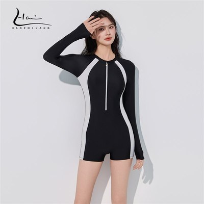 泳衣女连体专业竞速新款游泳馆专用显瘦遮肚长袖防晒平角冲浪泳装