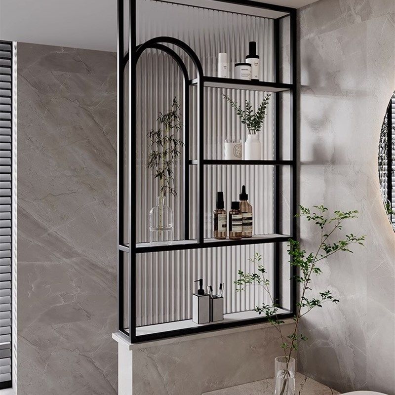 现代简约卫生间半墙玻璃屏风隔断入户玄关客厅铁艺置物架遮挡定制