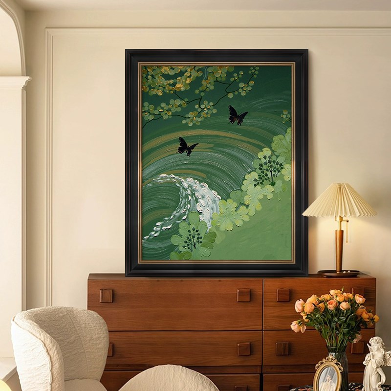中古风绿色植物湖泊风景客厅装饰画D抽象蝴蝶手绘游湖入户玄关挂
