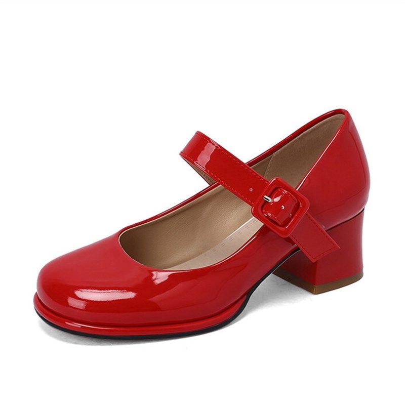 桔色粗跟单鞋红色漆皮学生鞋学院风搭扣中跟鞋大码44 45 46 47 48,女鞋,浅口单鞋,淘宝优惠券,粉丝福利购,淘宝优惠卷