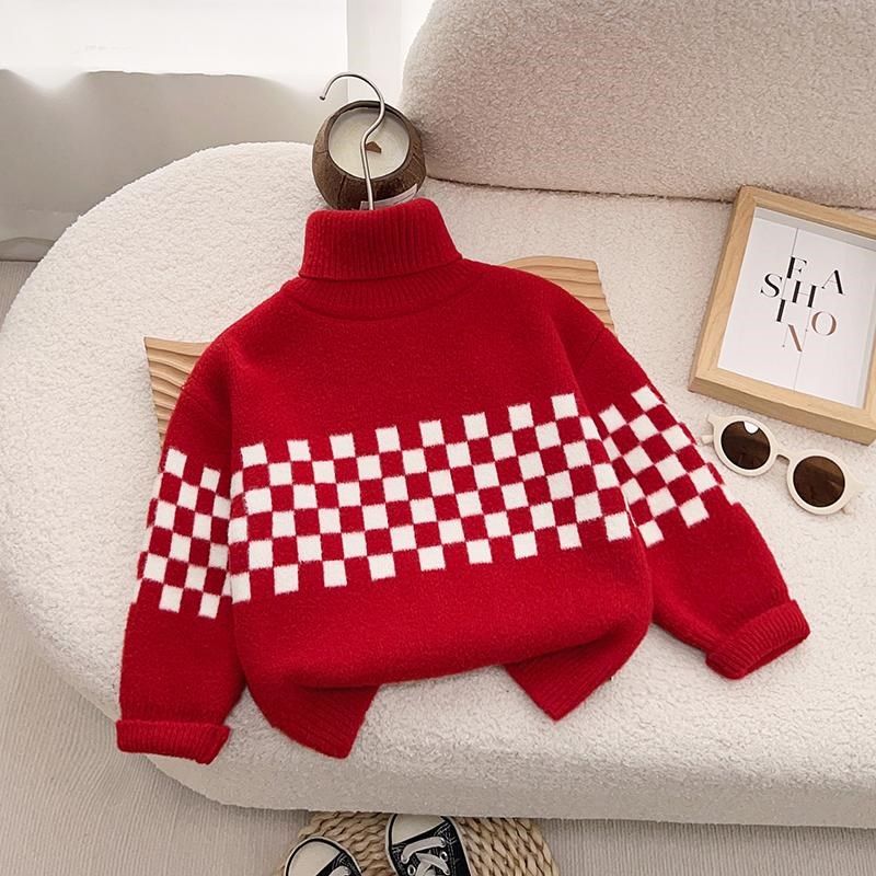 儿童高领毛衣加厚男童冬季内搭宝宝红色打底衫高级感超好看2024新