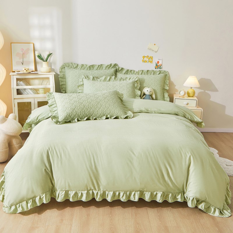 纯色全棉被套枕套三件套单件150x200x230荷叶花边被罩四季款