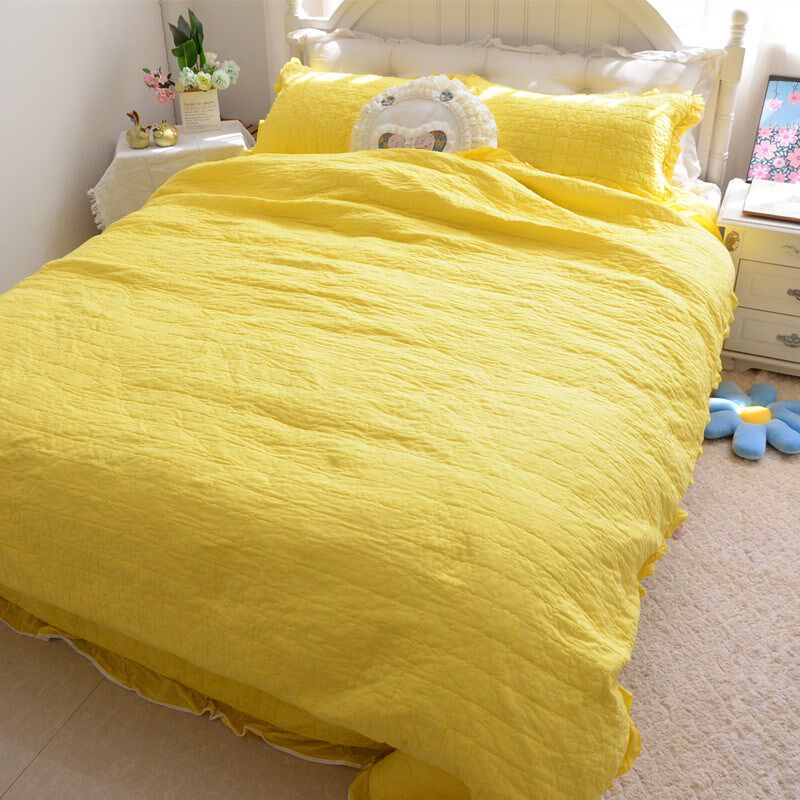 纯色韩式田园床盖绗缝被四件套床罩被套床单衍缝垫被黄色夏被