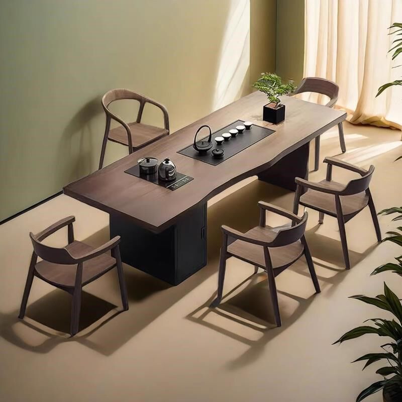 嵌入式实木茶台一整套原木功夫泡茶几套装一体五椅大板茶桌椅组1