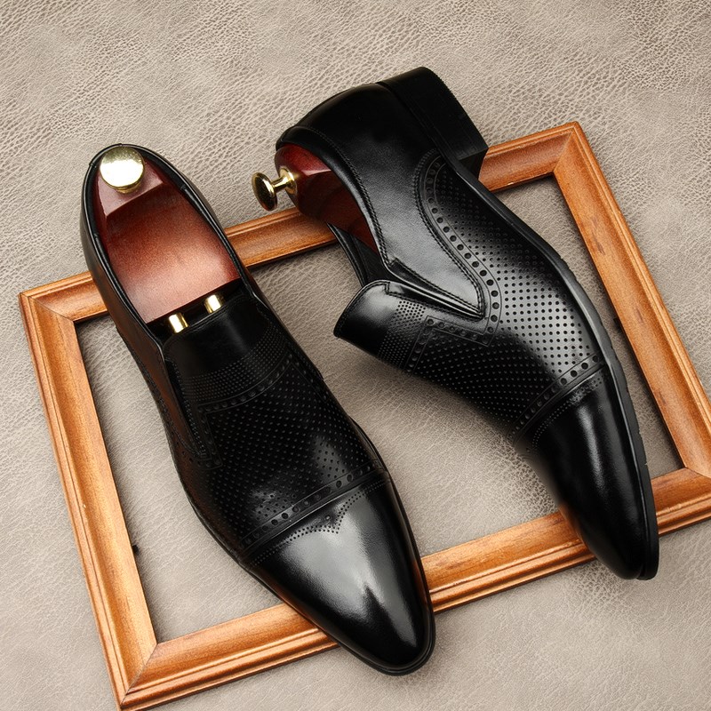 男士尖头皮鞋新款英伦套脚透气三接头商务正装鞋一脚蹬男鞋棕
