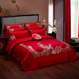 新中式 婚庆床上用品四件套刺绣花婚嫁喜被套结婚礼床品套件