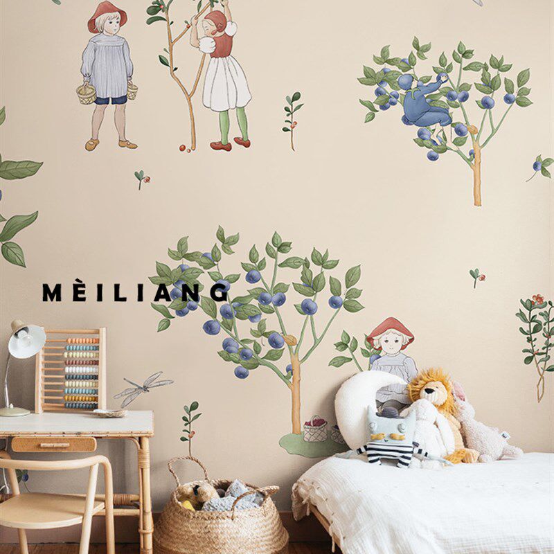 手绘插画温馨儿童房墙纸男孩女孩卧室壁纸无纺布墙布定制壁布书房