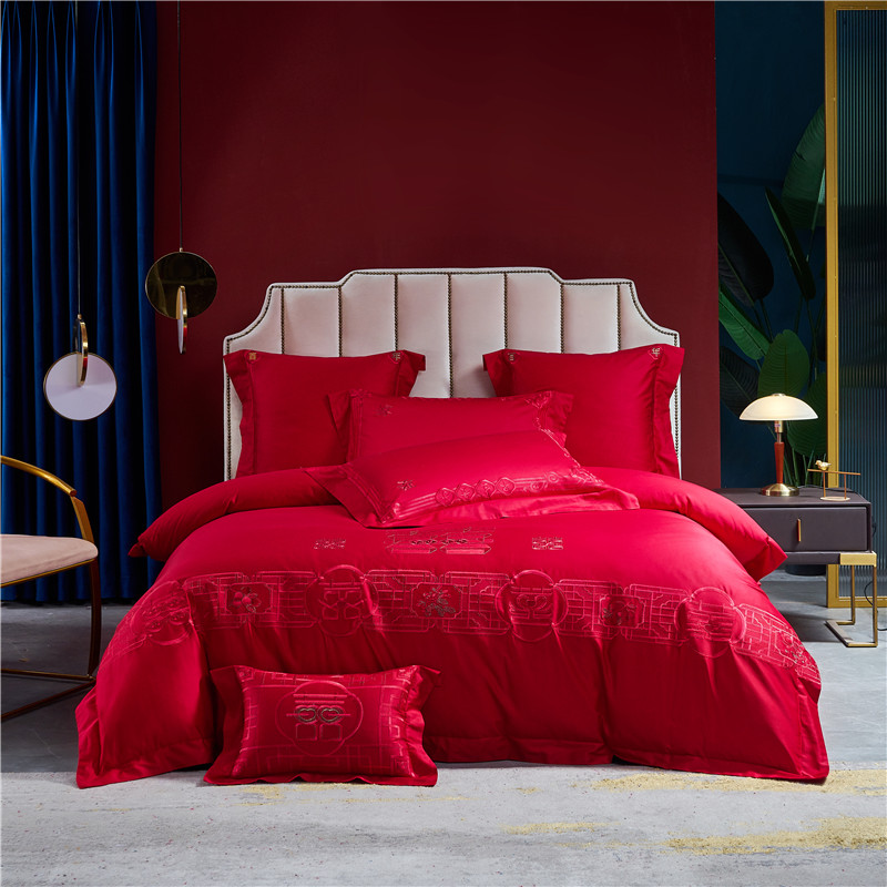 婚庆四件套纯棉喜被套r大红简约刺绣全棉结婚房嫁娶床上用品套件