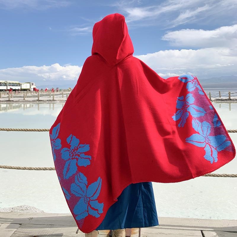 民族风披肩女云南丽江新疆西藏沙漠旅游拍照毯子红色连帽斗篷披风
